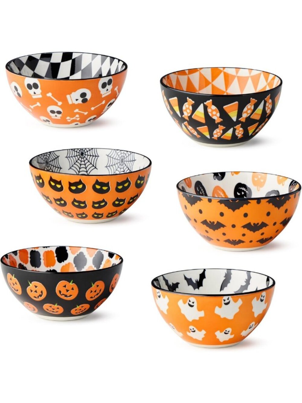 Spooky Halloween Bowls Set of 6 - 10oz Porcelain, Fun Graphic Designs for